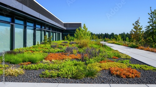 A modern building with a green roof and a walkway leading to it.