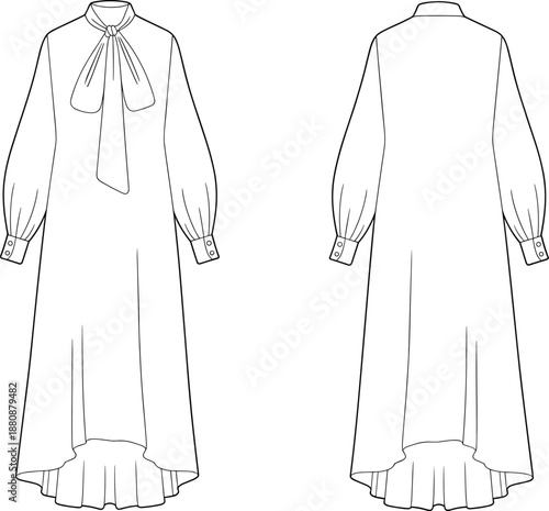 Elegant long dress with bow tie neckline, puff sleeves, pleated high-low hem, fashion illustration front and back view