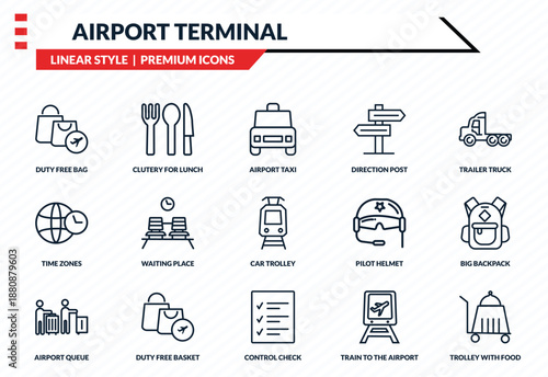 airport terminal icons set - duty free bag, clutery for lunch, time zones, control check, trolley with food outline vector collection.