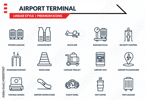 airport terminal icons set - picking luggage, lifesaver best, passenger passway, flight panel, trip luggage outline vector collection.