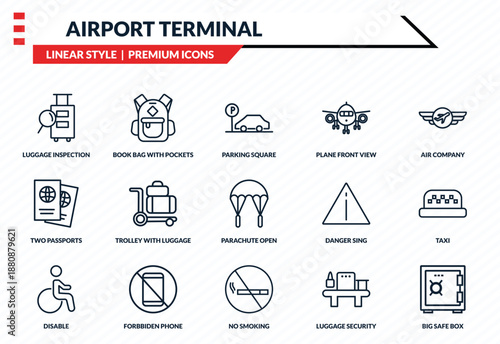 airport terminal icons set - luggage inspection, book bag with pockets, two passports, no smoking, big safe box outline vector collection.