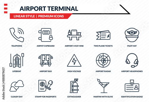 airport terminal icons set - telephone, airpot cupboard, lifeboat, extinguisher, identification badge outline vector collection.
