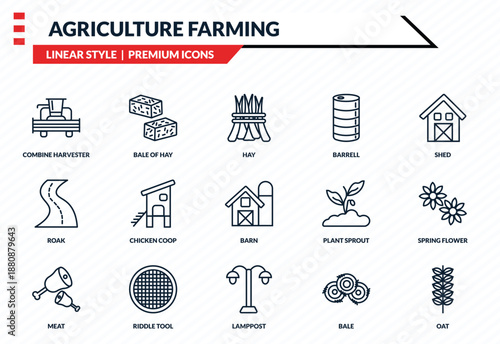 agriculture farming icons set - combine harvester, bale of hay, roak, lamppost, oat outline vector collection.