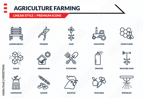 agriculture farming icons set - garden bench, pruners, sugar, rooster, sprinkler outline vector collection.