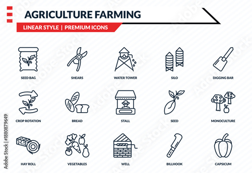 agriculture farming icons set - seed bag, shears, crop rotation, well, capsicum outline vector collection.