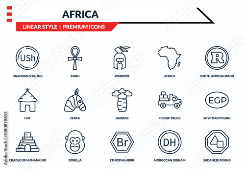 africa icons set - ugandan shilling, ankh, hut, ethiopian birr, sudanese pound outline vector collection.