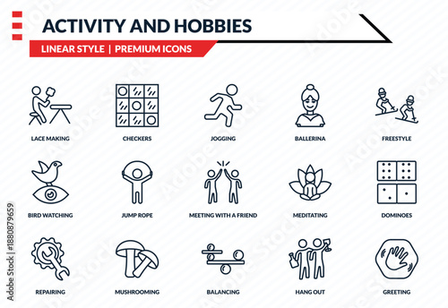 activity and hobbies icons set - lace making, checkers, bird watching, balancing, greeting outline vector collection.