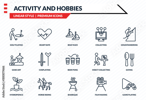 activity and hobbies icons set - golf playing, heart rate, sand art, barbeque, game playing outline vector collection.
