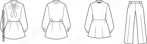 Fashion design sketch, technical garment illustration, pleated dress, wide-leg trousers, front view and back view details