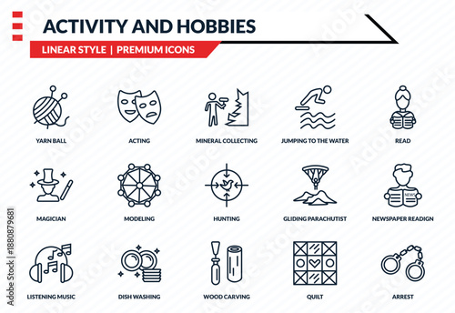 activity and hobbies icons set - yarn ball, acting, magician, wood carving, arrest outline vector collection.