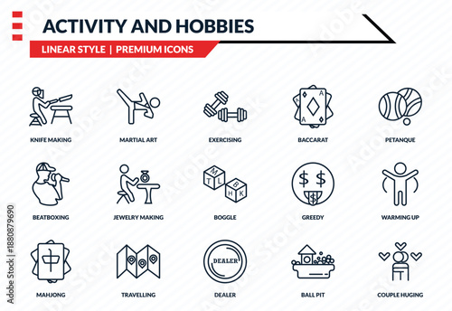 activity and hobbies icons set - knife making, martial art, beatboxing, dealer, couple huging outline vector collection.