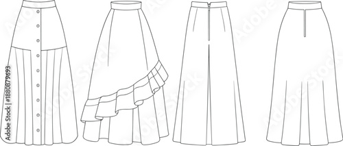 Fashion design sketch of four skirt styles, pleated, flared, culotte, asymmetrical, technical drawing, garment construction, blueprint