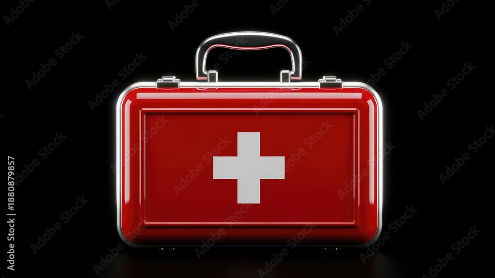 Fototapeta premium Red First Aid Kit With White Cross Symbol on Black Background Healthcare Medicine Safety Concept.png