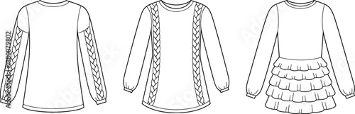 Girls fashion sketch, long sleeve tops, ruffle dress design, technical drawing, kids apparel illustration, garment concept art