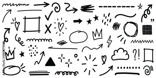 Hand drawn doodle icons and arrows set featuring a vintage sketch vector illustration collection of hand drawn business and music design elements in a line art drawing style
