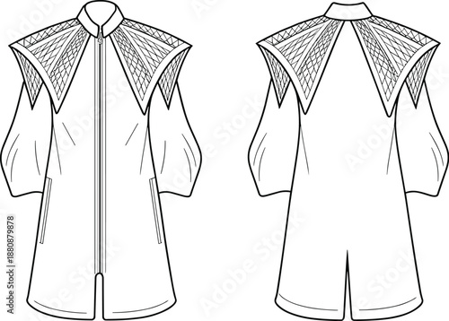 High fashion coat illustration, dramatic silhouette, structured shoulders, voluminous sleeves, geometric panels, technical sketch, costume concept