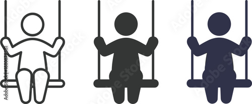 Three stylized figures on swings in outline, solid black, and dark blue playground child