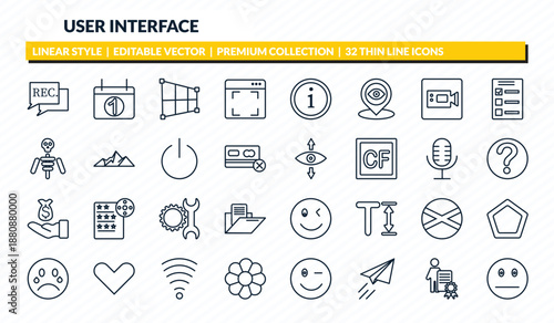 user interface icons set - recording conversation, first date, crop perspective, man certificate, sceptic smile outline vector collection.