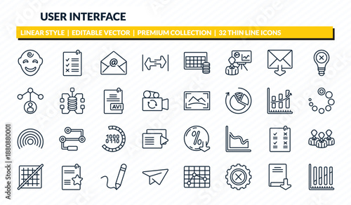 user interface icons set - smiles, rule, email opened envelope, download ebook, dual stream chart outline vector collection.