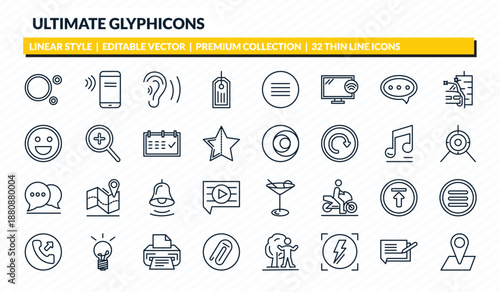 ultimate glyphicons icons set - big and small dots, phone connection, ear with sound bar, writing message, big map placeholder outline vector collection.