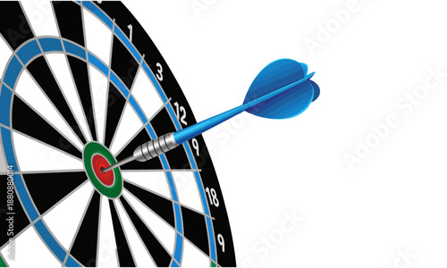Dartboard with blue dart hitting the bullseye on transparent background