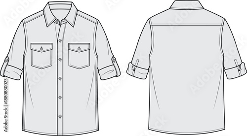 Button-up shirt with rolled sleeves, chest flap pockets, shoulder yoke, fashion sketch, garment blueprint, technical drawing, flat vector illustration
