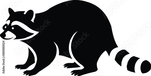 Black and white graphic illustration of a raccoon with striped tail animal wildlife