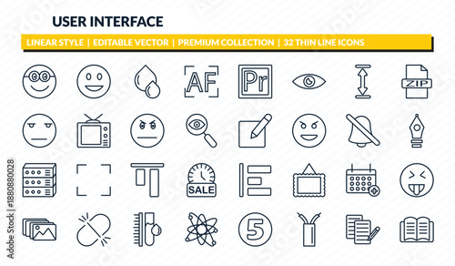 user interface icons set - nerd smile, smiling smile, big and small drops, paper work, book opened at center outline vector collection.