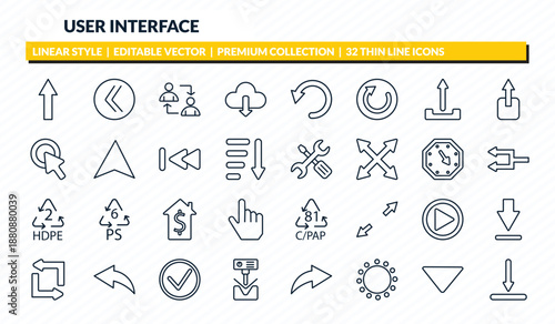 user interface icons set - pointing up arrow, double arrows, exchange personel, drop down, downloading outline vector collection.