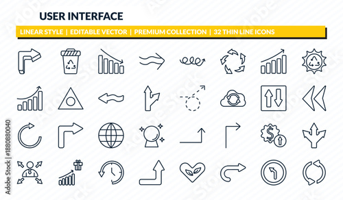 user interface icons set - 3d turn right arrow, recycling container, reduce, left curve, looping arrows outline vector collection.