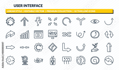 user interface icons set - downward rotation, up broken line arrow, musical, clockwise drawn arrow, back arrow outline vector collection.