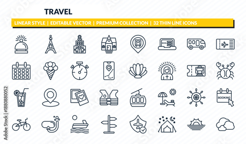 travel icons set - hotel bell, eiffel tower, station, sun, cloudy outline vector collection.