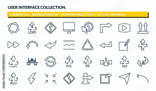 user interface collection. icons set - circular arrow, 4 ldpe, curvy road ahead, navigation arrows, sketched arrow outline vector collection.