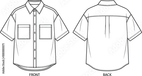 Button-up shirt design, chest pockets, pleated back, classic collar, fashion sketch, garment blueprint, technical drawing, flat vector illustration