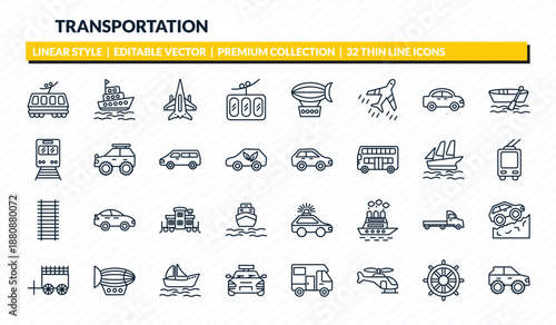 transportation icons set - light rail, tugboat, military airplane, ship helm, all terrain vehicle outline vector collection.