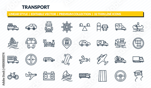 transport icons set - loaded truck side view, auto, diesel train, steering, slippy road outline vector collection.