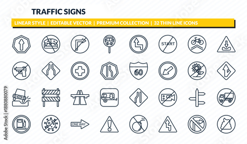traffic signs icons set - ahead only, no fast food, no turn, no turn right, pooping outline vector collection.