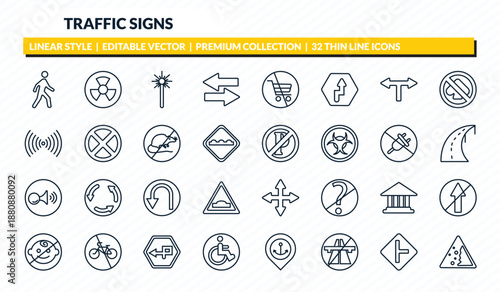 traffic signs icons set - pedestrian, nuclear, laser, side road, falling rocks outline vector collection.
