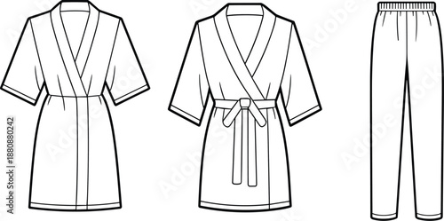 Technical fashion drawing, garment flat sketch, robe and pants illustration, apparel design template, clothing construction outline, vector art