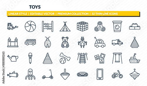 toys icons set - digger toy, ball toy, abacus toy, ride on spinning outline vector collection.