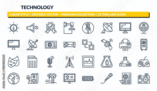 technology icons set - sun energy, no audio, warranty certificate, worlwide news, camera front view outline vector collection.