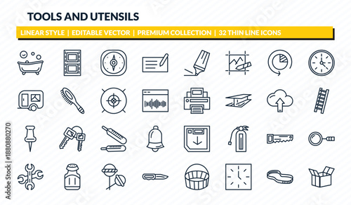 tools and utensils icons set - bath tub, film strip photograms, cardinal points, rubber bands, open black box outline vector collection.