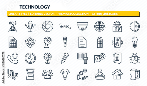 technology icons set - cell tower, old mic, camera shutter, domestic, face shield outline vector collection.