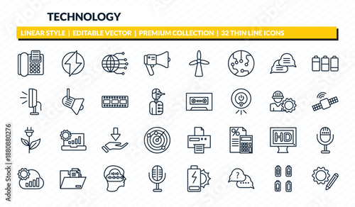 technology icons set - fax phone, electric, globe connected circuit, battery status, customize outline vector collection.