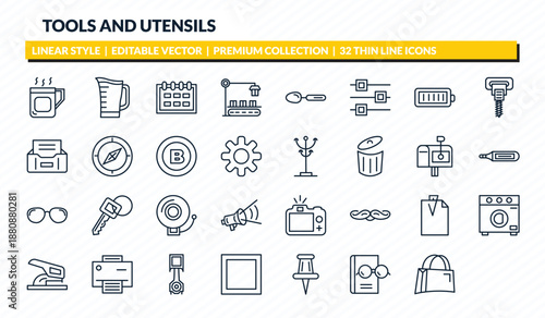 tools and utensils icons set - cup of hot coffee, pitcher with levels, tattoo, reading glasses, bag with big handle outline vector collection.