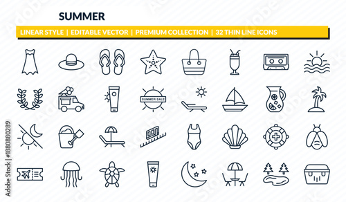 summer icons set - dress, pamela, pair of flip flops, lake, portable fridge outline vector collection.