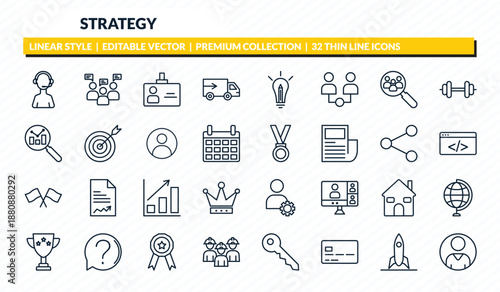 strategy icons set - customer support, discussion, visitor, startup, customer outline vector collection.