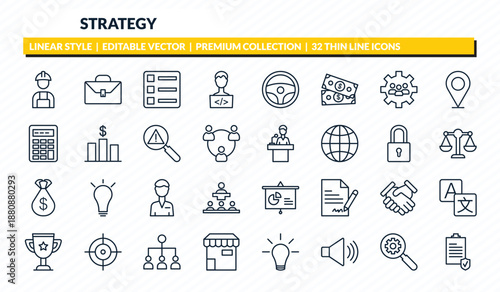 strategy icons set - worker, briefcase, list, resource, policy outline vector collection.