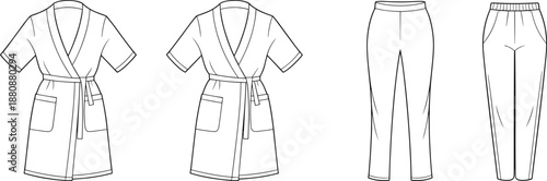 Technical fashion flat sketches of bathrobe, jogger pants, straight-leg trousers, garment design, apparel construction, clothing blueprint