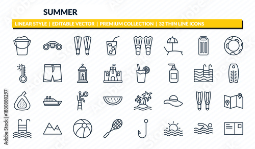 summer icons set - sand bucket, sea scooter, flippers, swimming person, postcard outline vector collection.